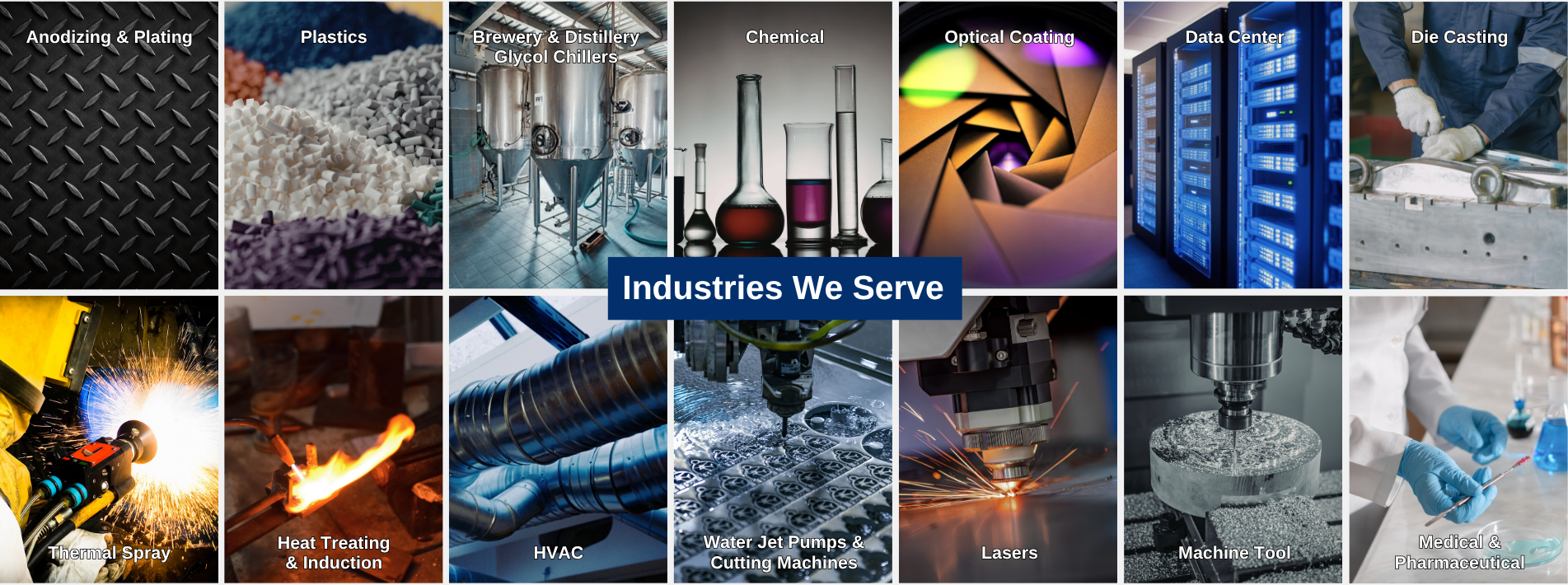 Anodizing & Plating,&nbsp;Botanical Oil Extraction, Brewery & Distillery Glycol Chillers, Chemical, Dairy, Data Center, Die Casting, Food & Beverage, Heat Treating & Induction, HVAC, Ice Rink Chiller & Cooling Systems, Lasers, Machine Tool, Medical & Pharmaceutical